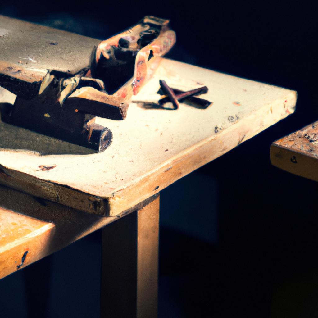 Workbench with tools, wood clamps, and a vintage chair being restored